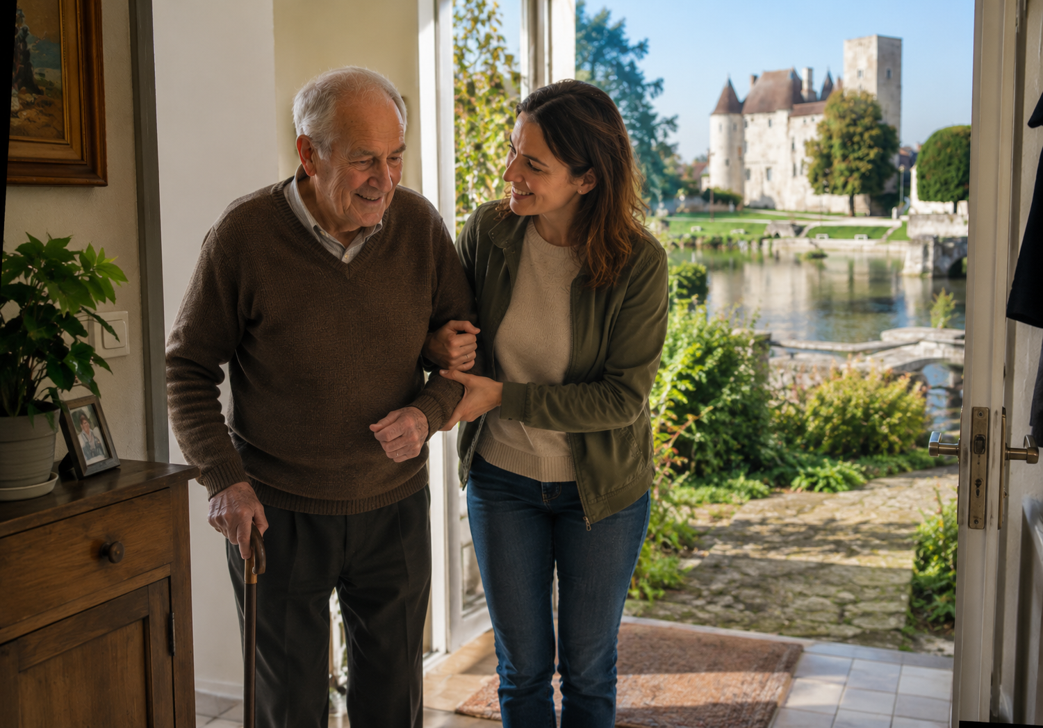 Homme avec difficultés pour les déplacements, accompagné par une auxiliaire de vie à Nemours